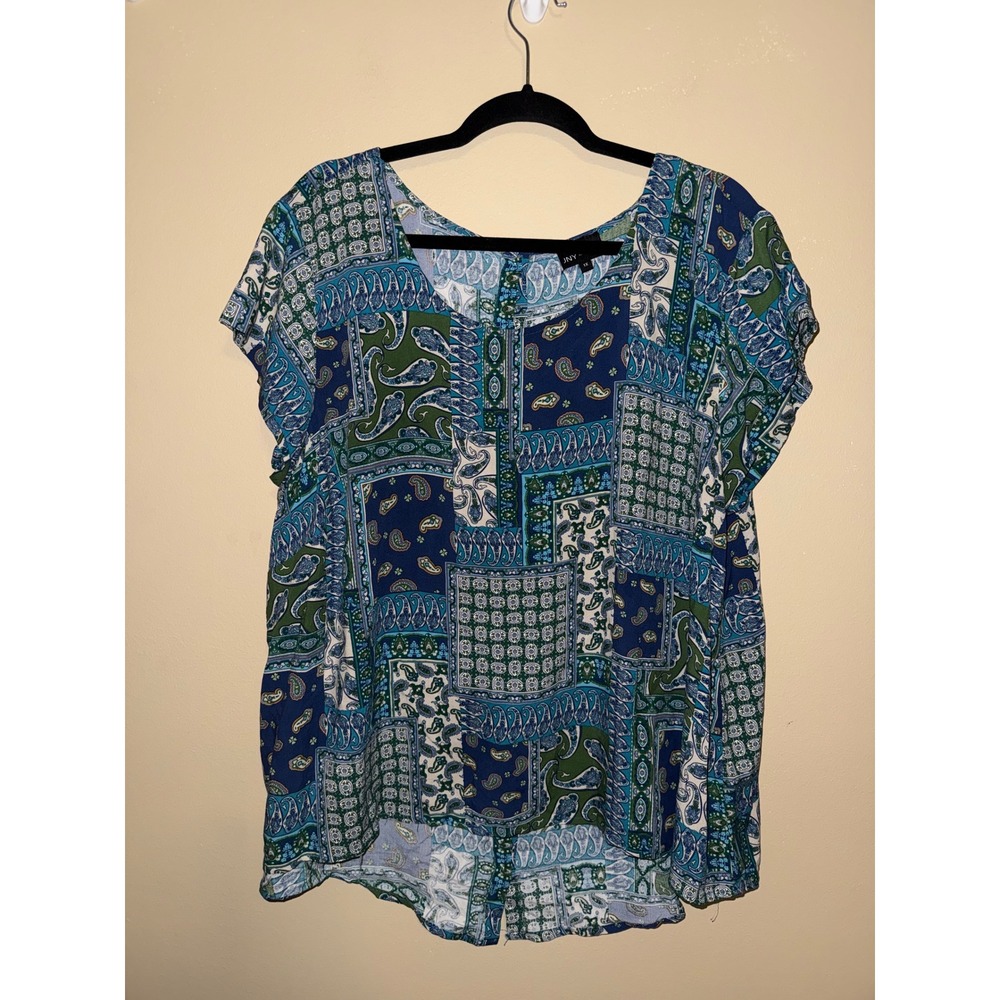 Jones‎ New York Plus 1X Paisley Patchwork Button Back Blouse short sleeve Office